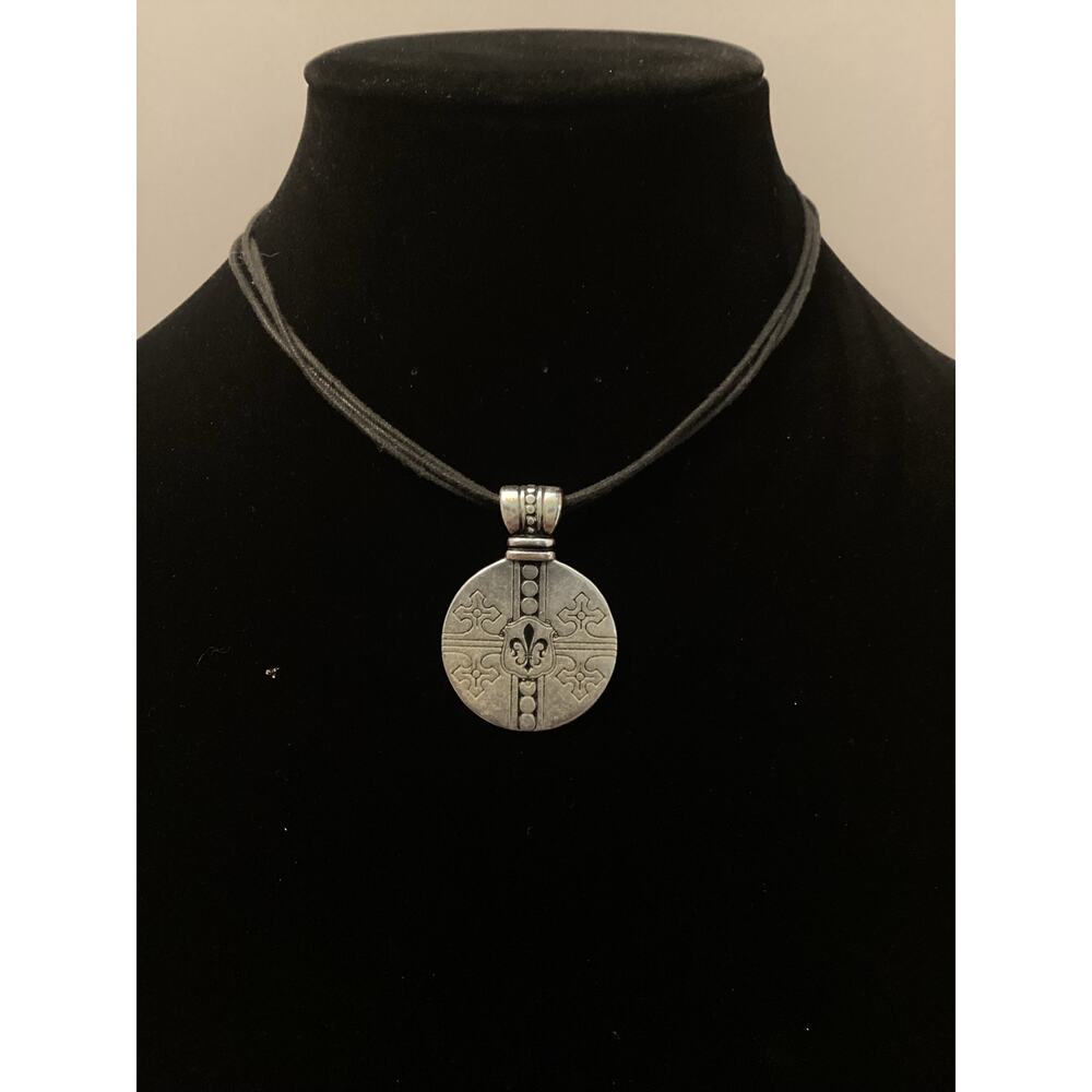Brighton Fleur De Lis Silver Pendant on Black Cord Necklace